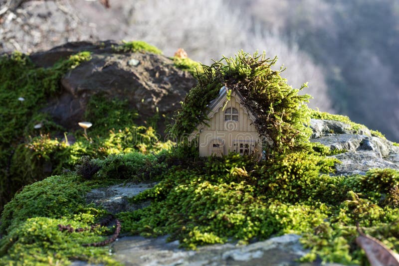 Christmas and New Year miniature house at forest in the sunlight. Little toy house close up. Festive background. Christmas