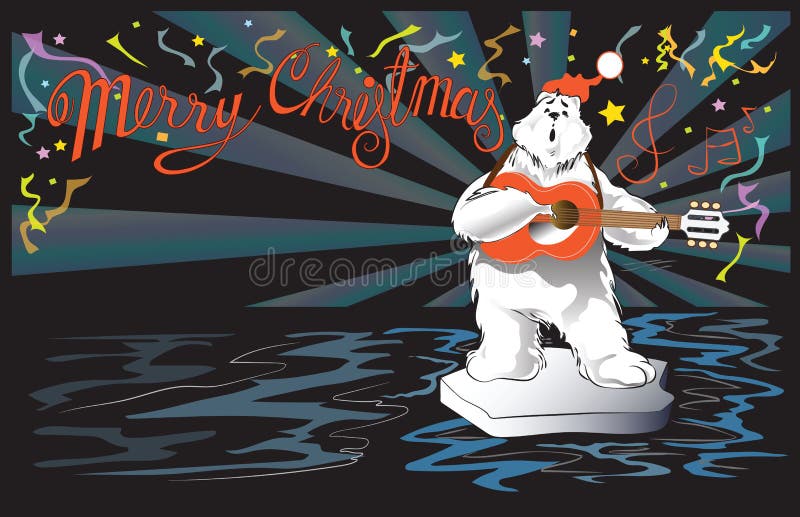 Polar Bear playing guitar and singer in night party, cartoon acting character design for Christmas and New year card vector isolate on white has clipping paths. Polar Bear playing guitar and singer in night party, cartoon acting character design for Christmas and New year card vector isolate on white has clipping paths.