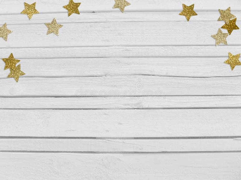 Christmas, New Year party mockup scene with golden star shape glittering confetti and empty space. White wooden