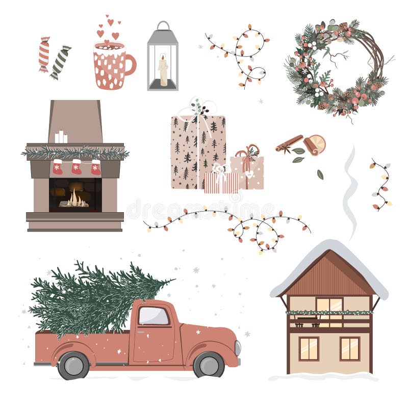 Christmas and New year set with vintage car, decorated house, xmas decor and presents. Scrapbooking design elements and