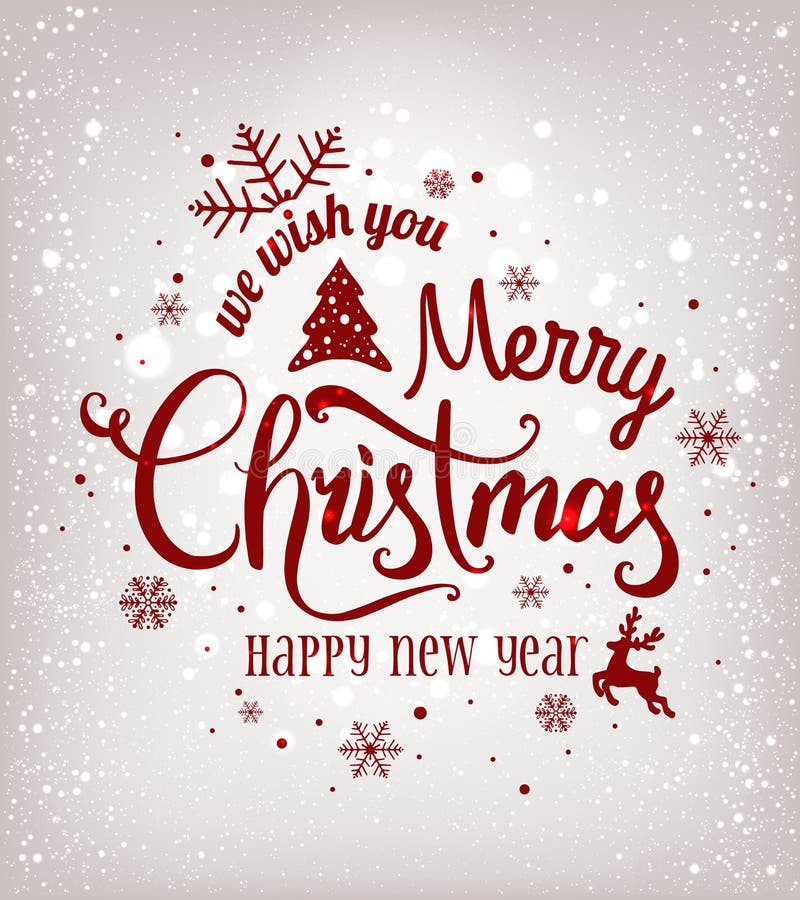 Christmas and New Year typographical on shiny background with winter landscape with snowflakes, light, stars. vector illustration