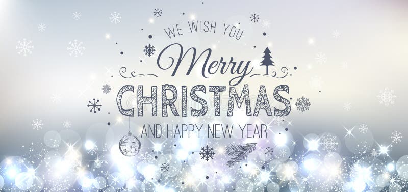 Christmas And New Year Typographical on Silver Xmas background with snowflakes, light, stars. Vector Illustration. Xmas royalty free illustration