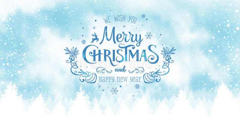 Christmas and New Year Typographical on snowy Xmas background with winter landscape with snowflakes, light, stars royalty free illustration