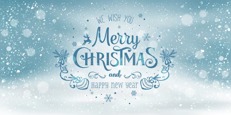 Christmas and New Year Typographical on snowy Xmas background with winter landscape with snowflakes, light, stars. royalty free illustration