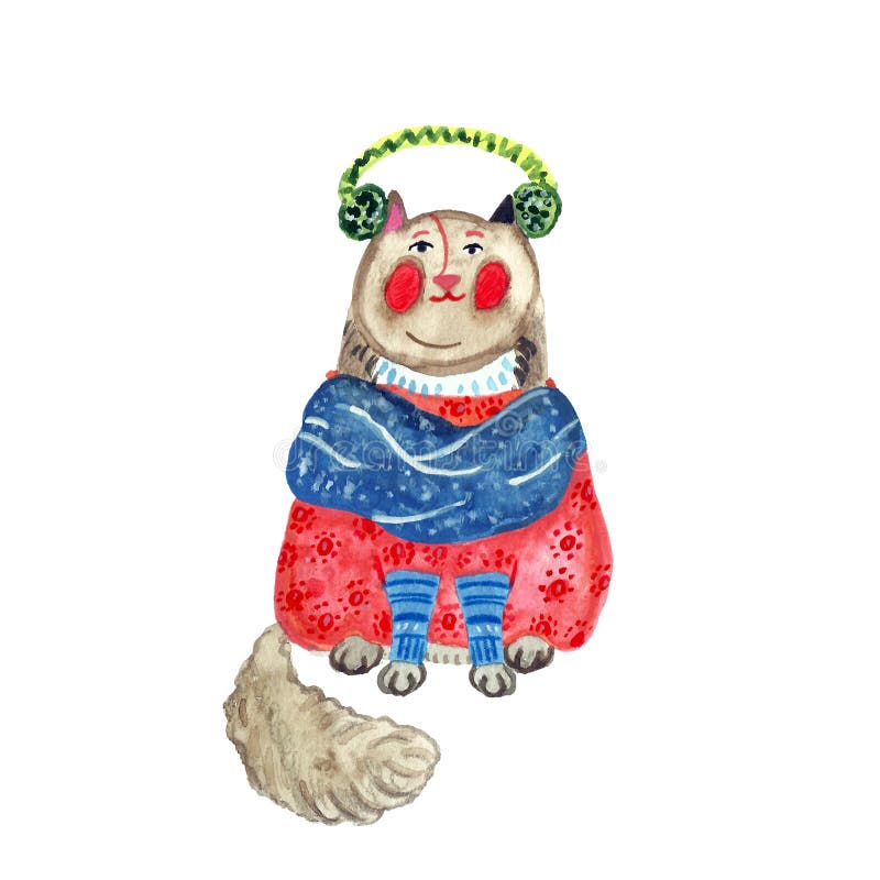 Christmas and New YearChristmas cartoon hand painted cat in red winter sweater, sitting and smiling. stock illustration Christmas and New YearChristmas cartoon hand painted cat in red winter sweater, sitting and smiling. stock illustration