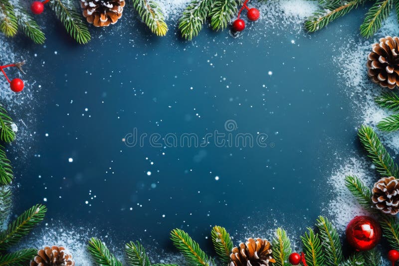 Christmas New Years banner frame form green fir tree branches pine cones red holly berries in snow on dark blue background.