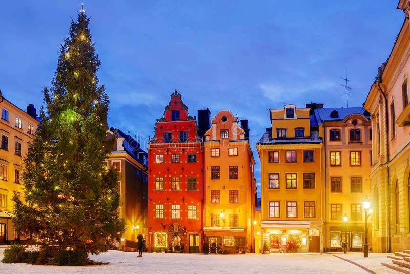 Christmas in night Stockholm, Sweden