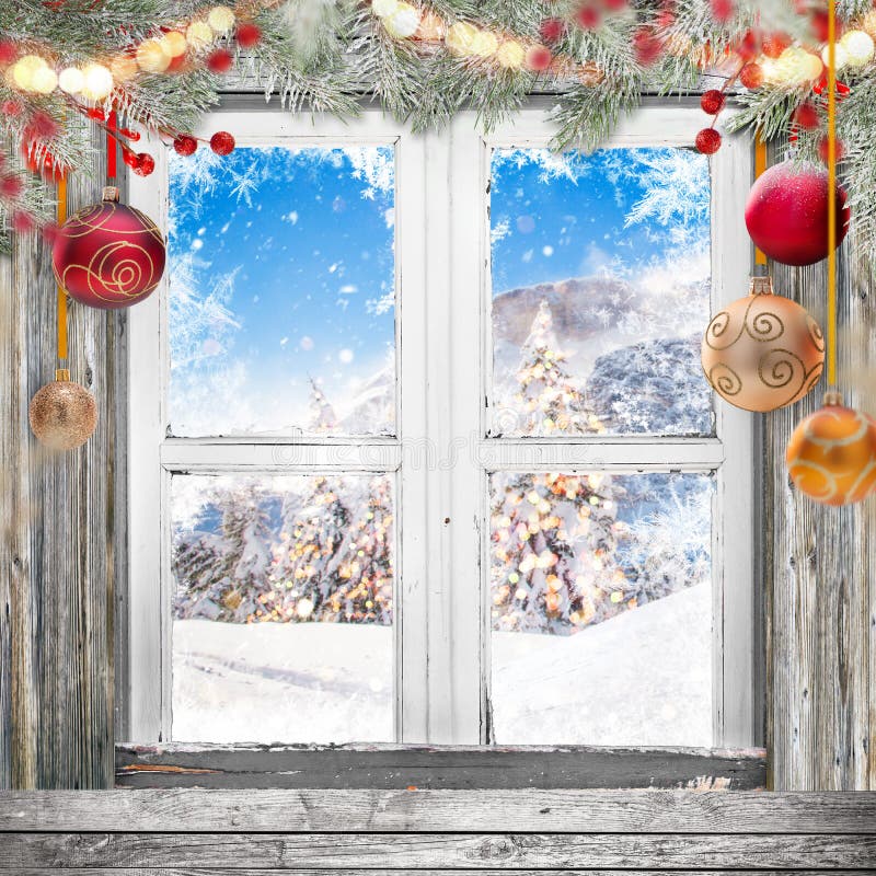 Christmas Old White Window with Decorations. Stock Photo - Image of ...