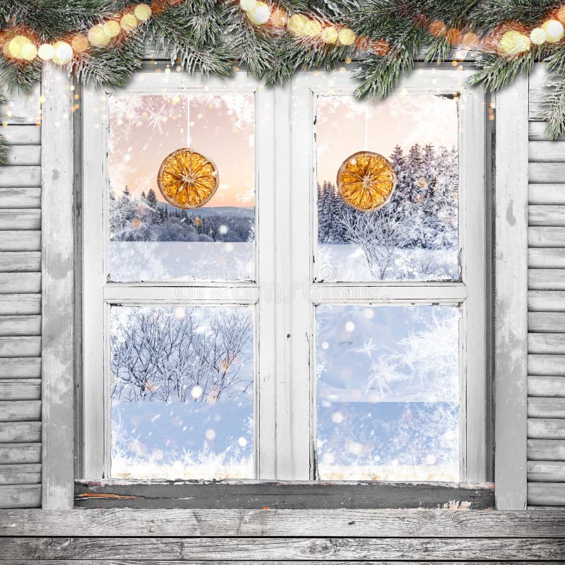 Christmas Old White Window with Decorations. Stock Photo - Image of ...