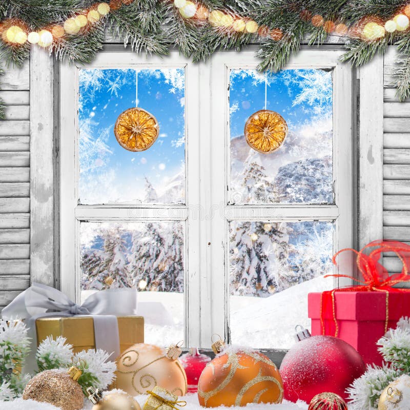 Christmas Old White Window with Decorations. Stock Photo - Image of ...