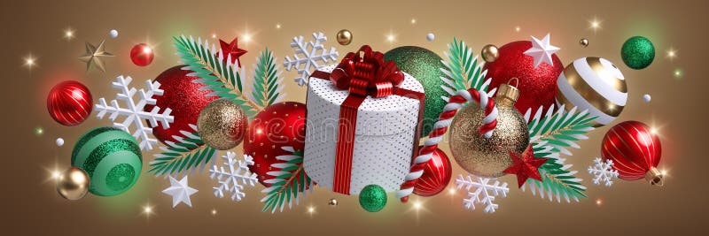 Christmas ornaments isolated on gold background, horizontal border. Round gift box, green red glass balls, lights, stars