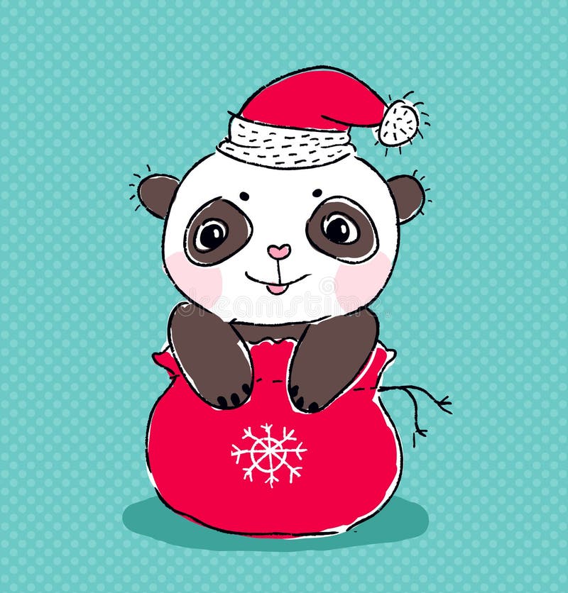 Christmas Panda With Santa Hat Sitting Stock Illustration