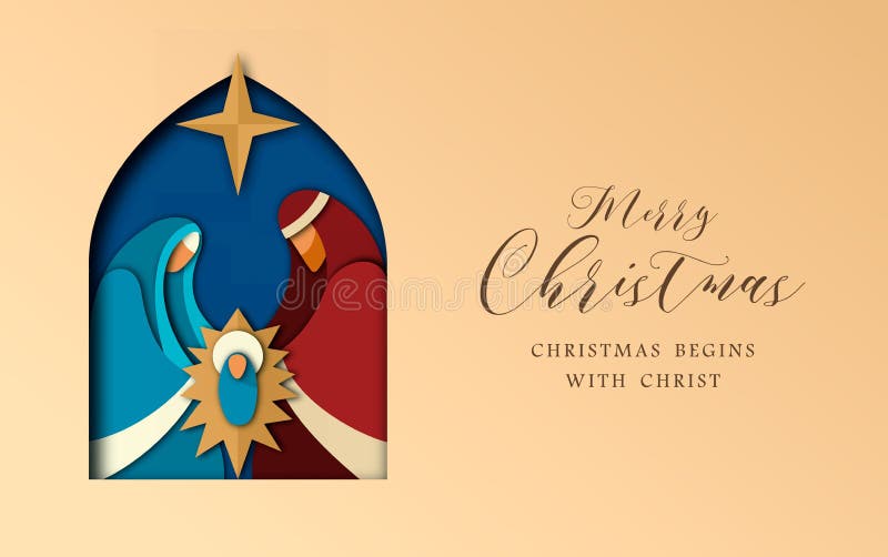 Merry Christmas greeting card, holy family illustration in modern layered paper cut style. Religious holiday design of baby jesus christ. Merry Christmas greeting card, holy family illustration in modern layered paper cut style. Religious holiday design of baby jesus christ.