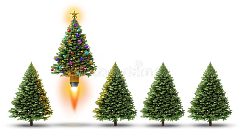 Christmas party with a group of evergreen trees and one fun decorated ornamental pine blasting off with a rocket booster as a cheerful festive winter season symbol of exciting celebrations of the holidays and new year joy on white.