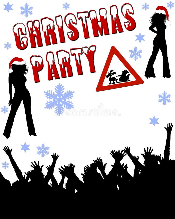 An illustrated Christmas party background with silhouettes of two women wearing a Xmas hat, cheering crowds and blue snowflakes.