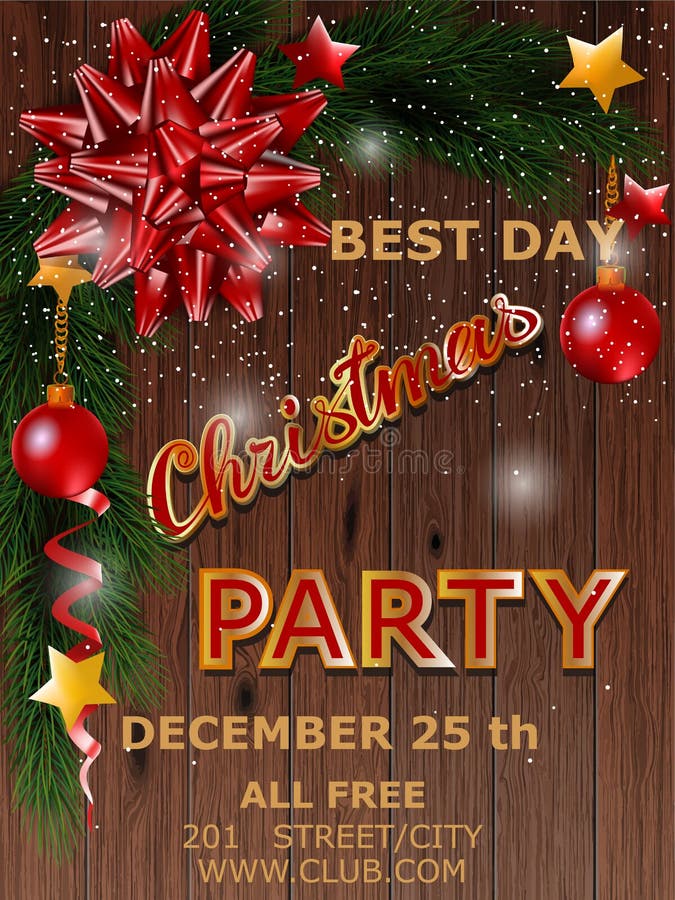Christmas Party Design Poster with Tree and Bow. Vector Illustration ...