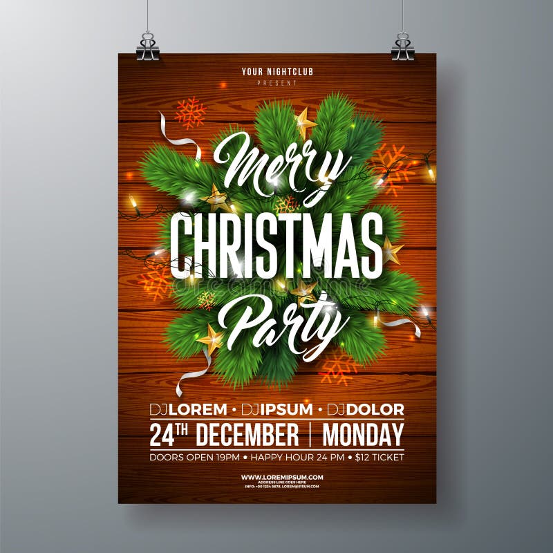 Christmas Party Flyer Illustration with Pine Branch, Gold Star and Typography Lettering on Wood Texture Background royalty free illustration Christmas Party Flyer Illustration with Pine Branch, Gold Star and Typography Lettering on Wood Texture Background royalty free illustration
