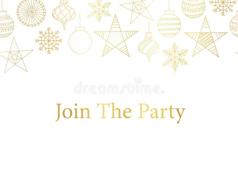 Christmas party invitation card template. Faux metallic golden holiday line art ornaments white background. Gold foil