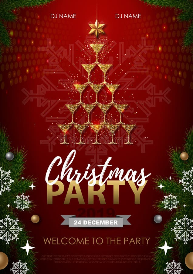 Christmas party poster with golden champagne glass.