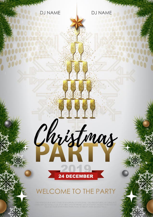 Christmas party poster with golden champagne glass.