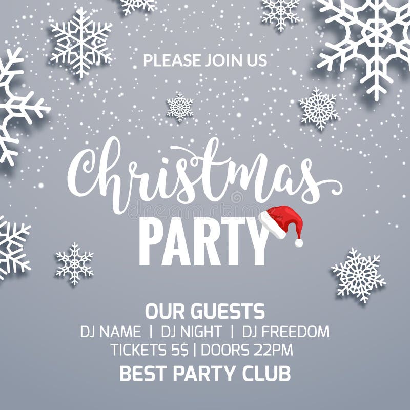 Christmas party poster invitation decoration design. Xmas holiday template background with snowflakes stock illustration Christmas party poster invitation decoration design. Xmas holiday template background with snowflakes stock illustration