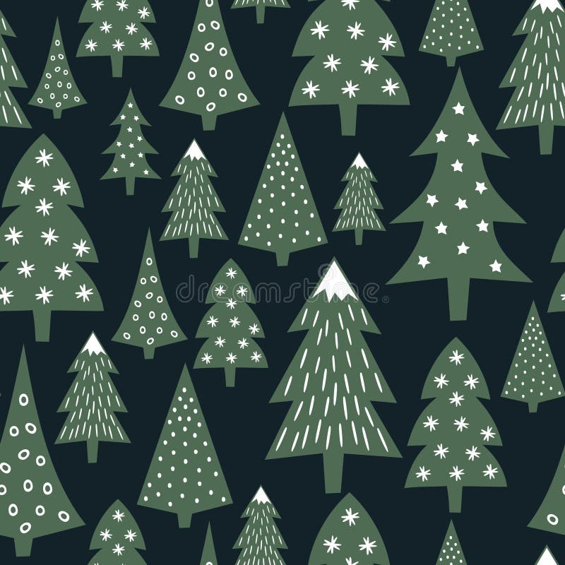 Christmas pattern - varied Xmas trees and snowflakes. Simple seamless Happy New Year background. Vector design for winter holidays on dark blue background. Child drawing style trees.