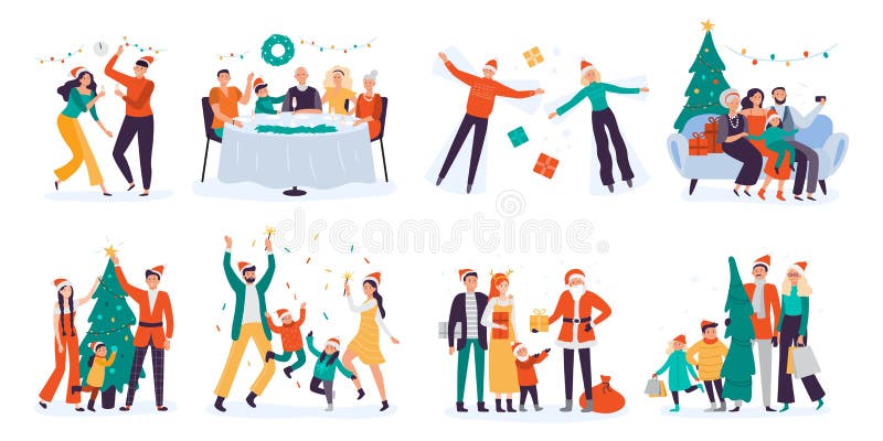 Christmas people. Winter family holidays, decorate xmas tree and home holiday dinner vector illustration set vector illustration Christmas people. Winter family holidays, decorate xmas tree and home holiday dinner vector illustration set vector illustration