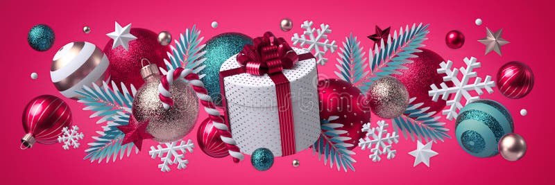 Christmas pink background, festive horizontal border. Round gift box. Mixed ornaments, blue silver glass balls, stars, snowflakes