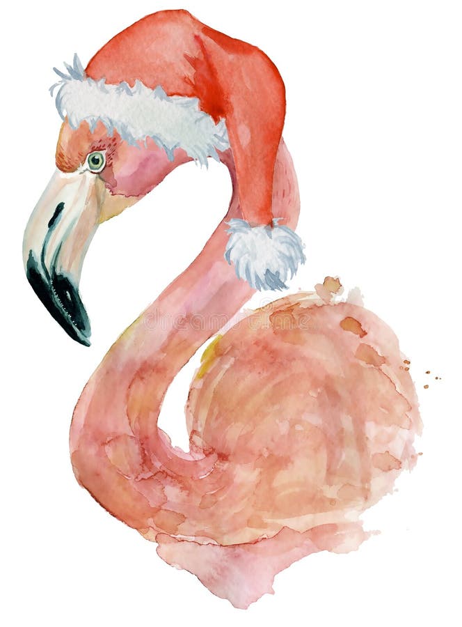 Christmas pink flamingo with winter Santa hat