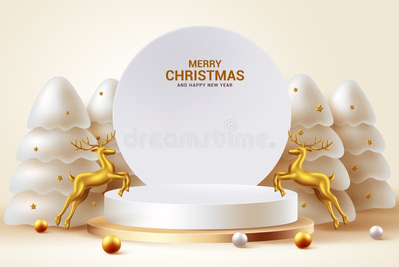 Christmas podium vector template design. Merry christmas text with gold deer and pine tree elements