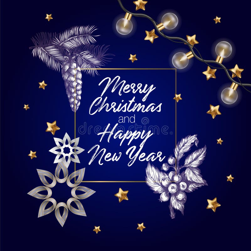 Christmas poster or postcard with pine, holly berry in graphic style. vector illustration