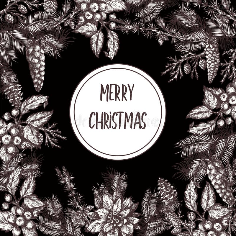 Christmas poster or postcard with pine, holly berry in graphic style. royalty free illustration