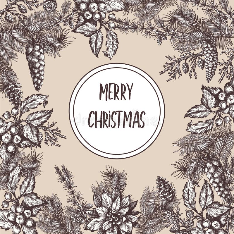 Christmas poster or postcard with pine, holly berry in graphic style. stock illustration