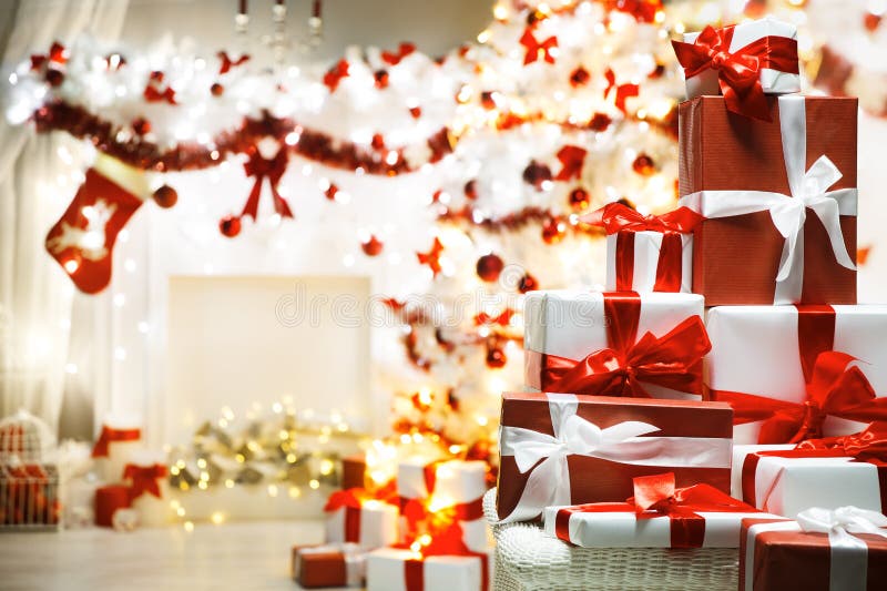 Christmas Present Gift Boxes, Defocused Xmas Tree, Home Room