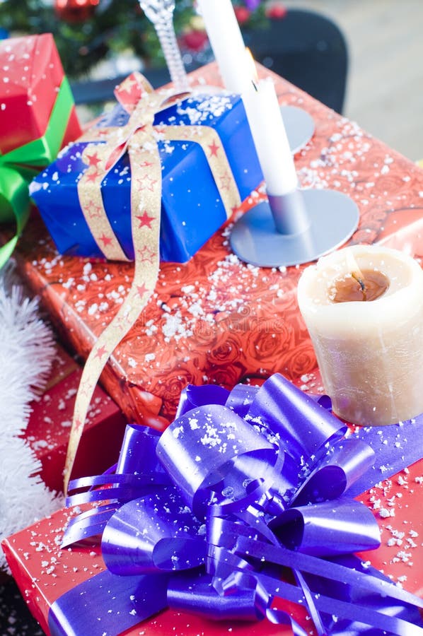 Christmas Presents and Candles Stock Photo Image of surprises, colors