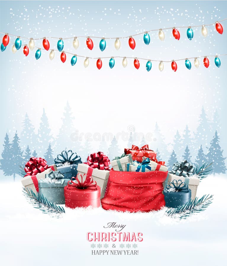 Christmas presents with a garland and a sack full of gift boxes. vector illustration