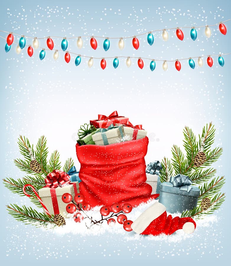 Christmas presents with a garland and a sack full of gift boxes. vector illustration