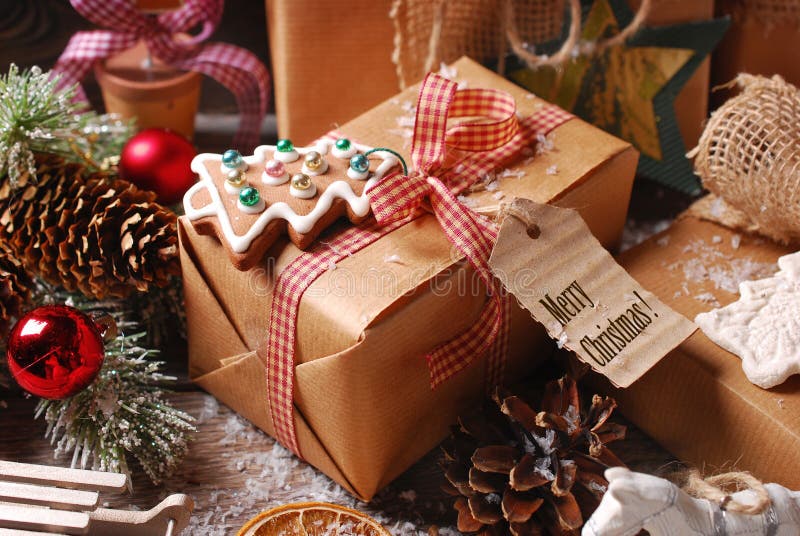 Christmas Presents Wrapped in Eco Paper Stock Photo - Image of ...