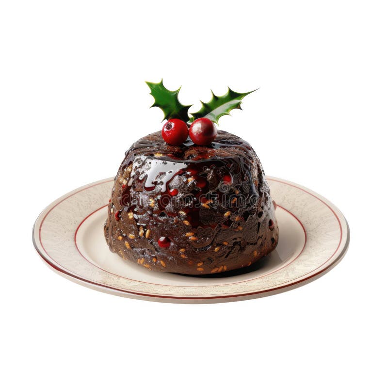 Christmas Pudding with Holly and Cranberries on a Plate Stock Image ...