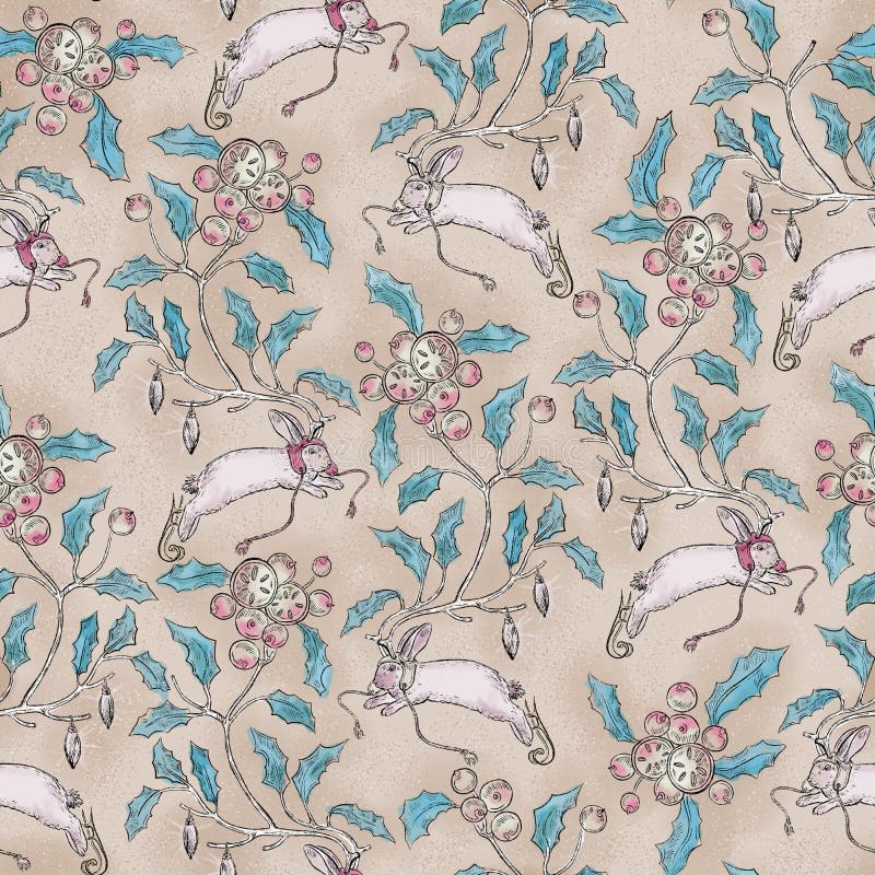 Christmas rabbit pattern. Trendy New Year 2023 seamless background, textile, fabric design