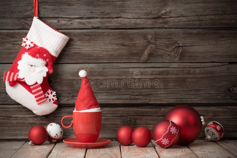 Christmas Red And White Decor On Wooden Background Stock Image - Image ...