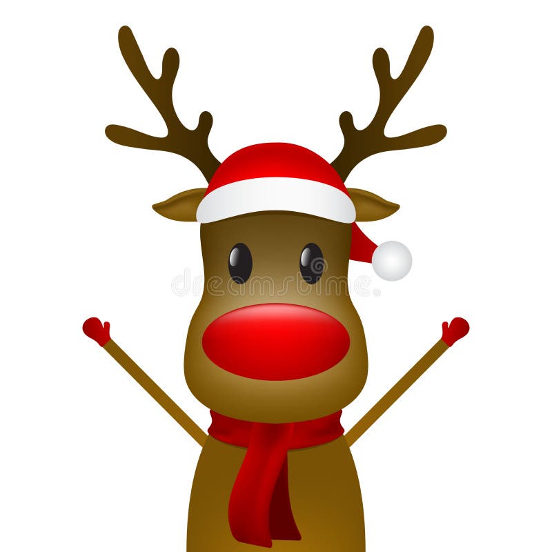 Christmas Reindeer with a Scarf and a Santa Claus Hat Stands on a White ...