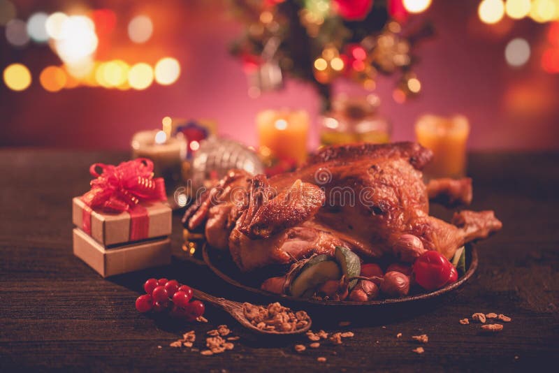 Christmas Roast Chicken with Gift Stock Photo - Image of chicken, gift ...