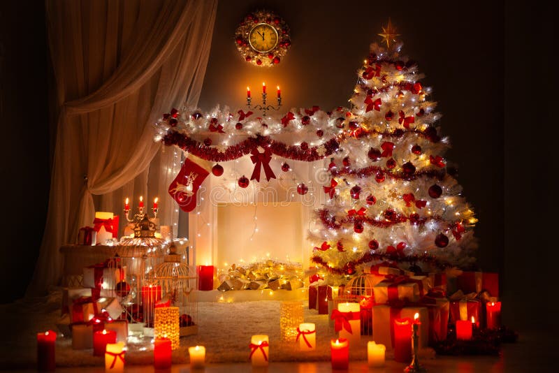 Christmas Room Interior Design. Xmas Tree Decorated By Lights. Fireplace and Clock. Presents Gifts Toys, Candles and Garland