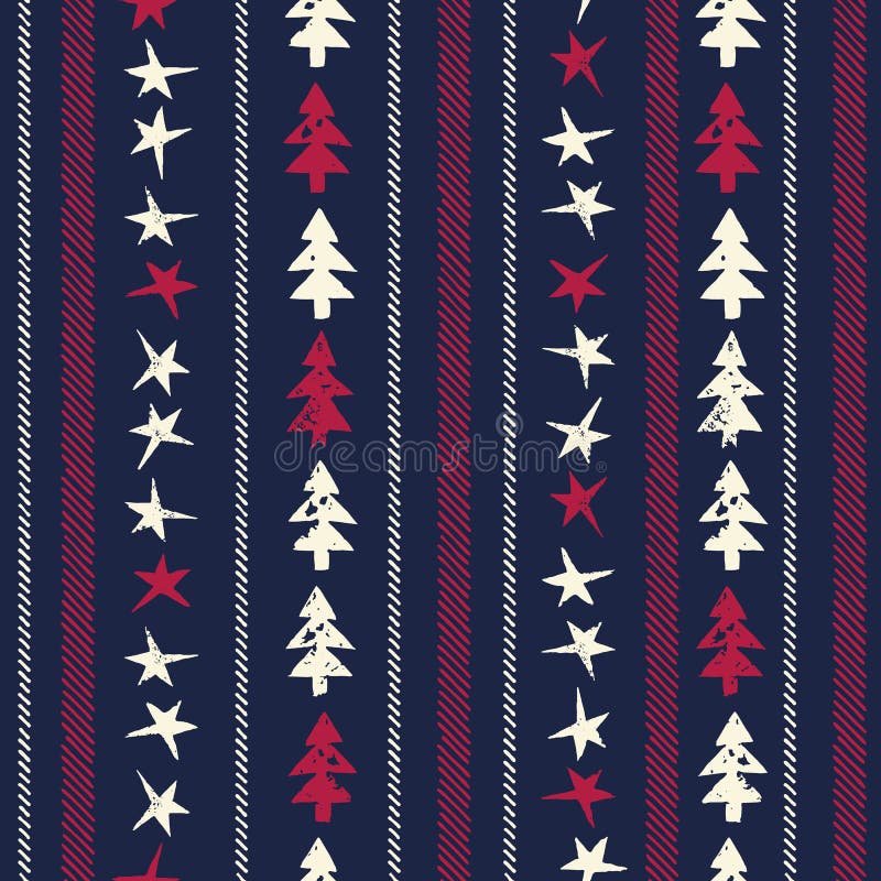 Christmas Rustic Festive Hand-Stamped Vector Seamless Pattern with Vertical Stripes of Stitches, Fir Trees and Stars