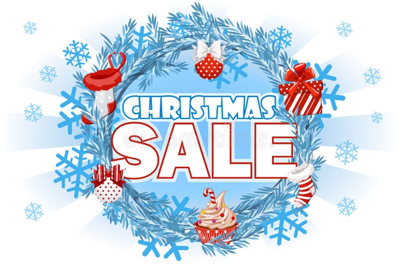 Christmas Sale - banner with text on blue wreath spruce. Vector background. royalty free illustration Christmas Sale - banner with text on blue wreath spruce. Vector background. royalty free illustration
