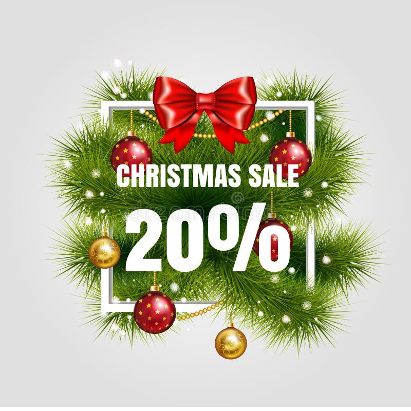 Christmas sale sign vector label 20 sale with red ribbon and green fir tree branches with gold christmas ball. Holiday