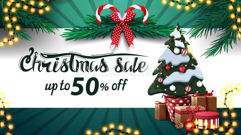 Christmas sale, up to 30 off, white and green banner with horizontal stripe, Christmas tree wreath, candy canes, red bow.