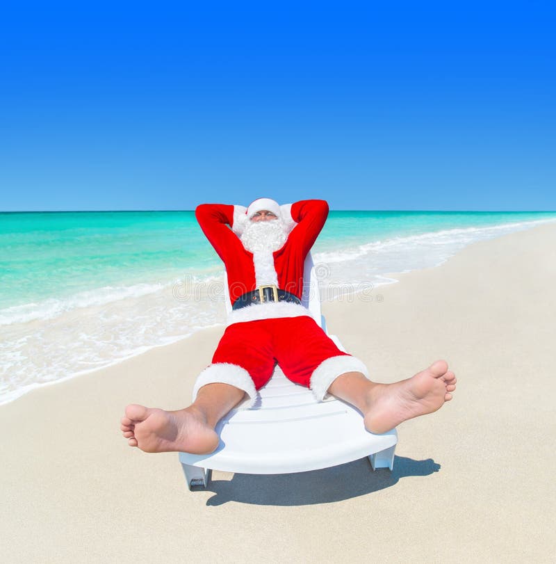 Christmas Santa Claus Sunbathe at Tropical Ocean Palm Sandy Beach Stock ...