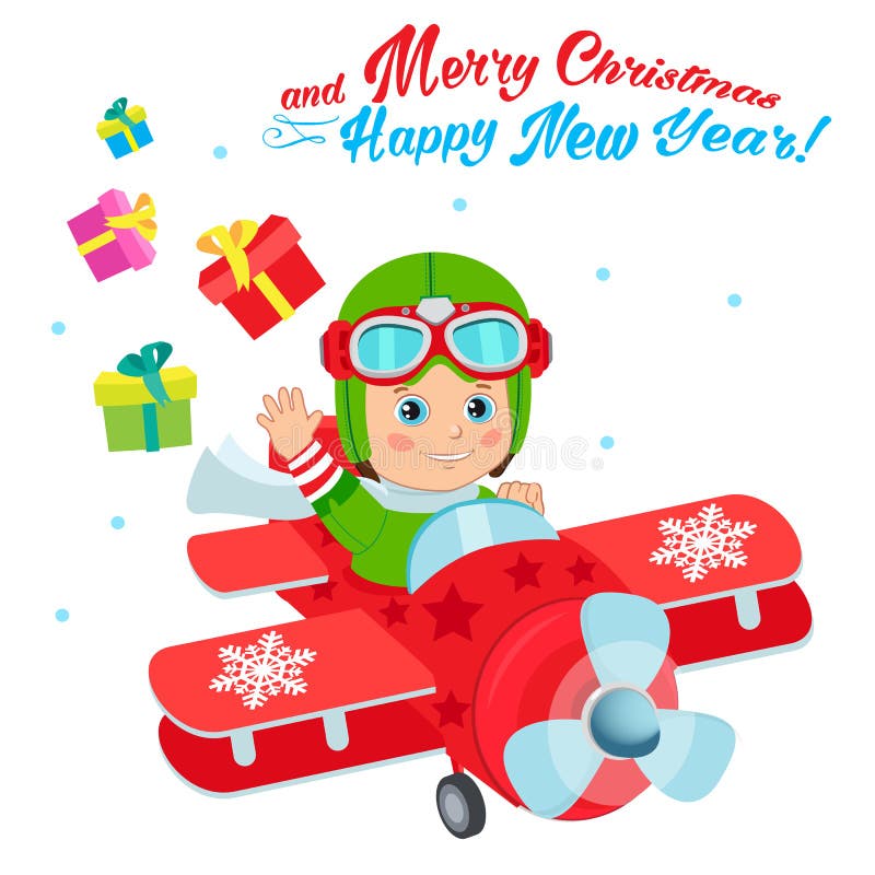Christmas Santa Helper Boy Cartoon Character. Cute Boy Pilot Flies On A Airplane And Deliver Christmas Gifts.